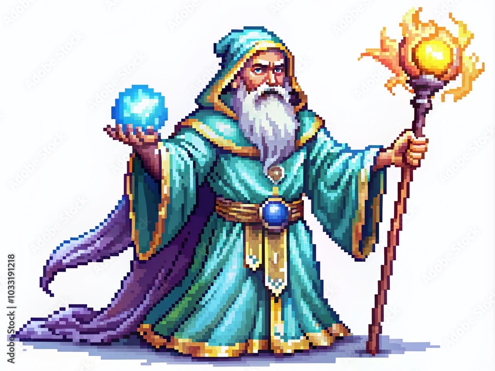 Wizard in Pixel Art Style with Glowing Orb and Magic Staff on White Background for Fantasy and Gaming Wizard in Pixel Art Style with Glowing Orb and Magic Staff on White Background for Fantasy and Gaming