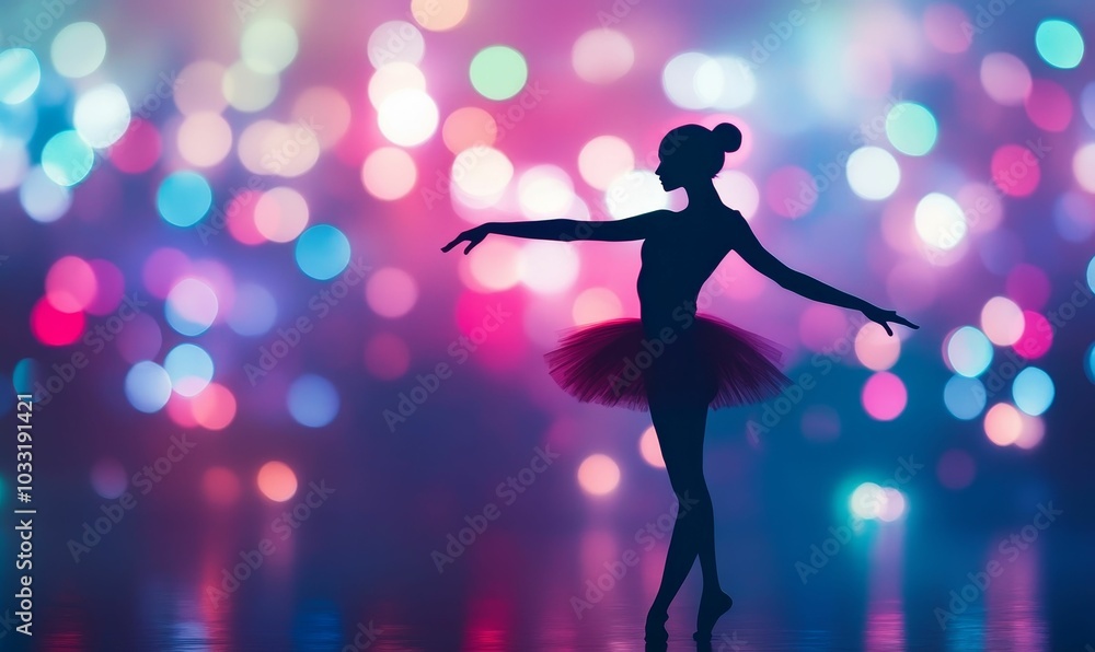 Silhouette of a ballerina with lights reflecting in the water. Silhouette of a ballerina with lights reflecting in the water.