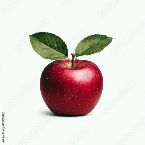 A shiny red apple with green leaves, symbolizing freshness and health.