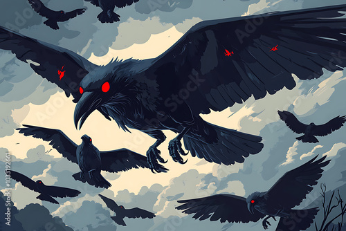 A dark, atmospheric illustration of ravens with glowing red eyes against a stormy sky. photo