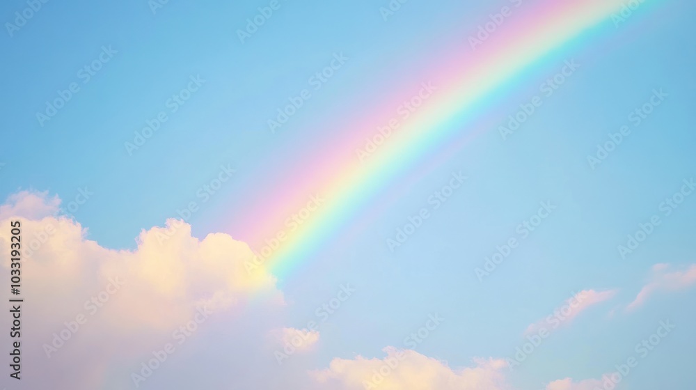 A vibrant rainbow arching over fluffy white clouds against a clear blue sky. A vibrant rainbow arching over fluffy white clouds against a clear blue sky.