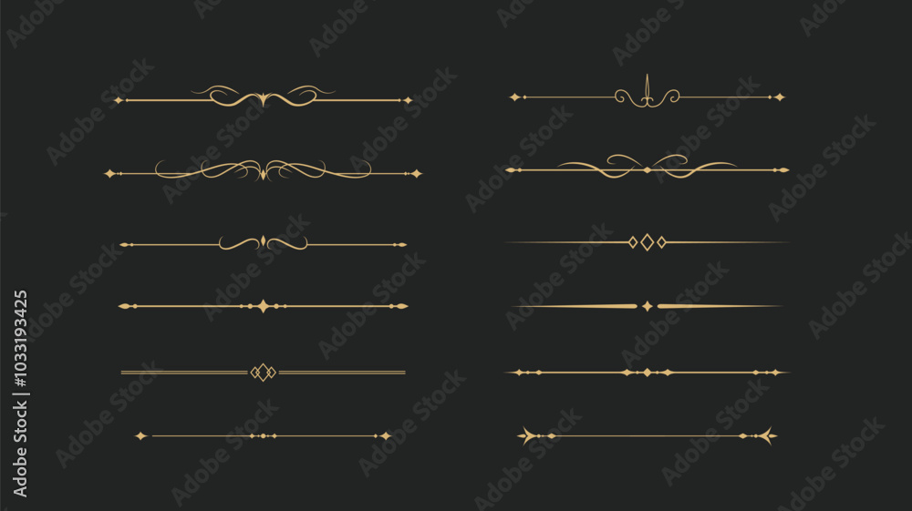 Set of Vintage decorative golden lines. text dividers. Gold line border. Lines separators, Borders, Vintage dividers, Underline elements. Vector illustration