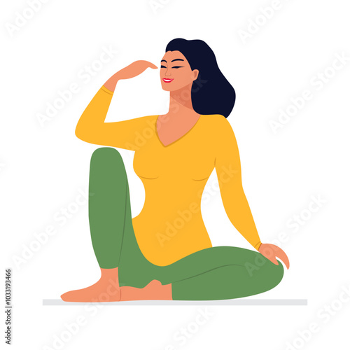 A young Asian woman does yoga.  Self-care, relaxation, healthy lifestyle.