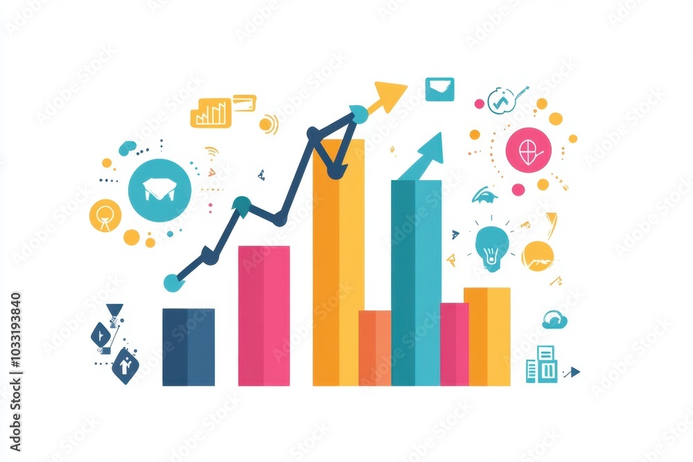 An infographic depicting a growing bar chart with arrows and icons, symbolizing business growth and success, with ample blank space for commercial text or branding purposes. An infographic depicting a growing bar chart with arrows and icons, symbolizing business growth and success, with ample blank space for commercial text or branding purposes.