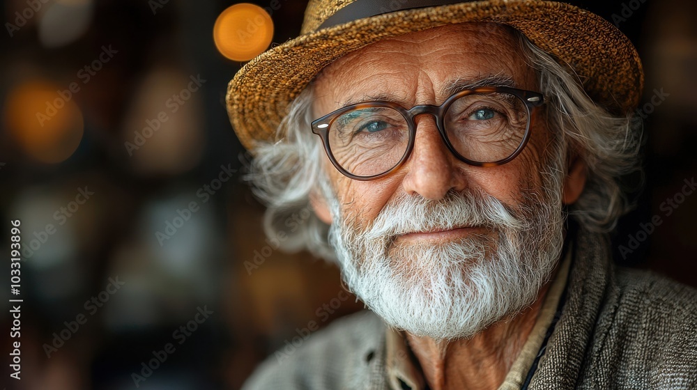 A thoughtful elderly man with glasses and a straw hat sits comfortably in a cozy café surrounded by warm lighting A thoughtful elderly man with glasses and a straw hat sits comfortably in a cozy café surrounded by warm lighting