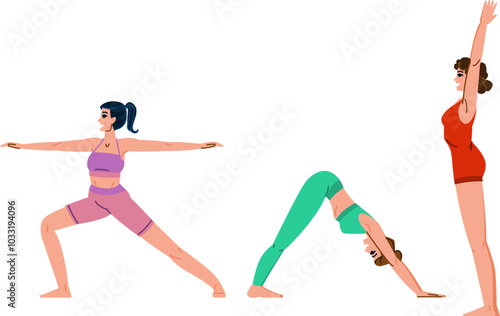 vinyasa yoga exercises vector. hatha pranayama, meditation balance, strength flow vinyasa yoga exercises character. people flat cartoon illustration