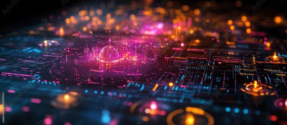 A vibrant digital landscape showcasing abstract data visualization and technology themes. A vibrant digital landscape showcasing abstract data visualization and technology themes.