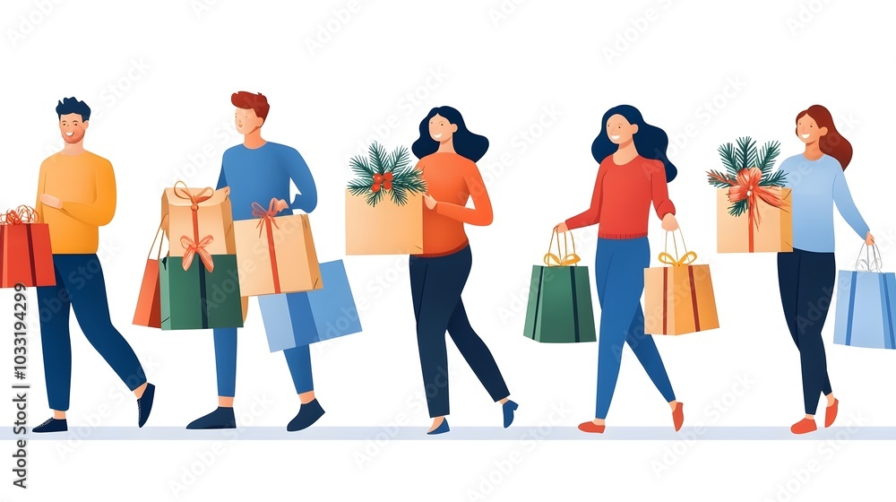 A colorful illustration of diverse people happily carrying shopping bags, reflecting a cheerful shopping experience. A colorful illustration of diverse people happily carrying shopping bags, reflecting a cheerful shopping experience.