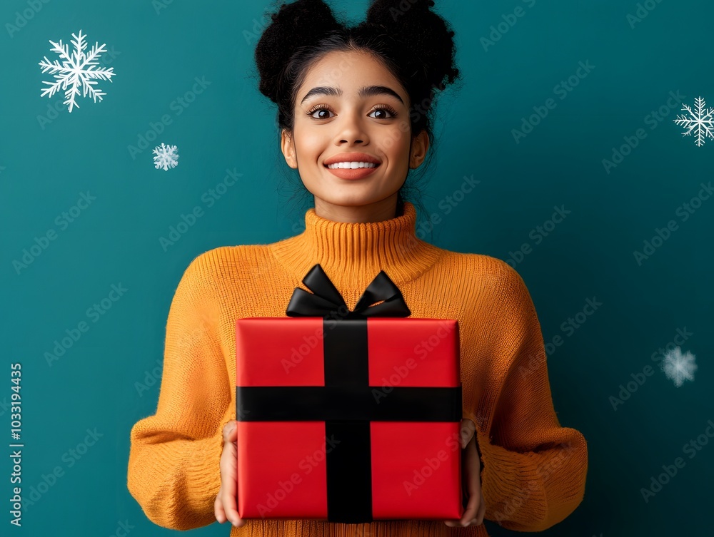 A smiling young woman holds a red gift box, adorned with a black ribbon, against a teal background with snowflakes, embodying a festive atmosphere. A smiling young woman holds a red gift box, adorned with a black ribbon, against a teal background with snowflakes, embodying a festive atmosphere.