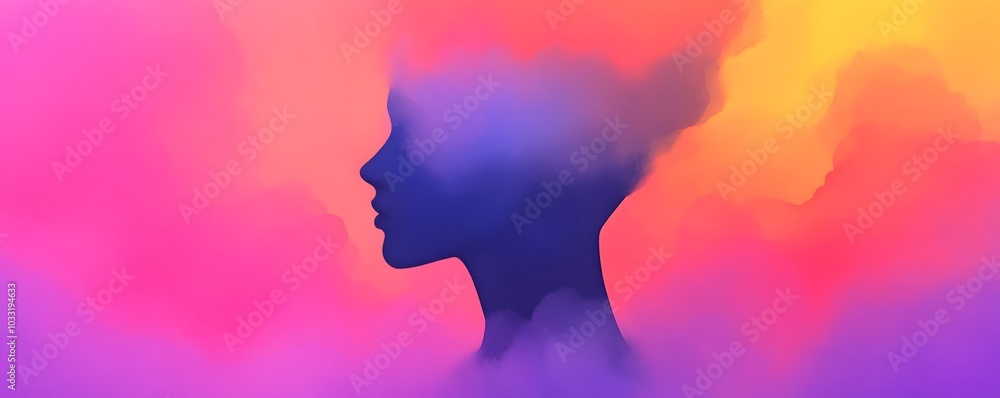 A silhouette of a woman’s profile emerges from vibrant, swirling colors, creating a dreamlike, artistic atmosphere. A silhouette of a woman’s profile emerges from vibrant, swirling colors, creating a dreamlike, artistic atmosphere.