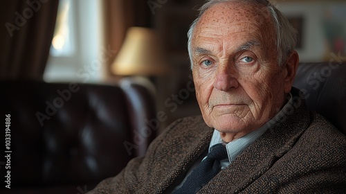 Elderly man in a brown tweed jacket sitting comfortably in a well-lit living room with soft furnishings and warm lighting photo