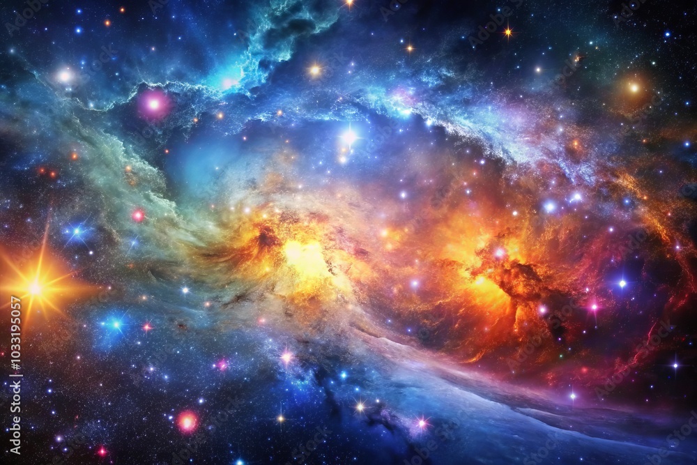Fototapeta premium A colorful space galaxy cloud nebula with stars and asteroids in the backgroundThe nebula has a fra