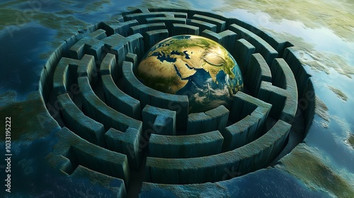 Earth Inside a Labyrinth Representing Global Challenges and Solutions