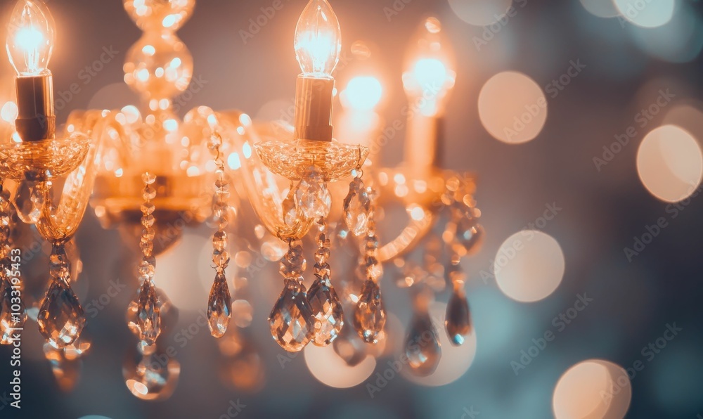 Close-up crystal chandelier with warm lights. Close-up crystal chandelier with warm lights.