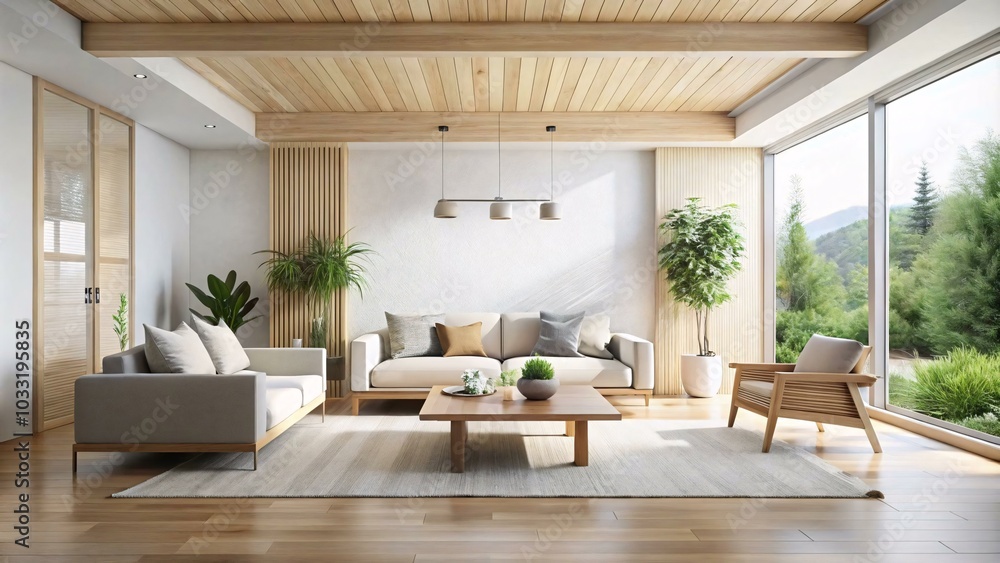 Obraz premium The image shows a modern living room with a white sofa, a wooden coffee table, and two armchairs. There is a large window with a view of a forest. The room is decorated with plants and has a wooden