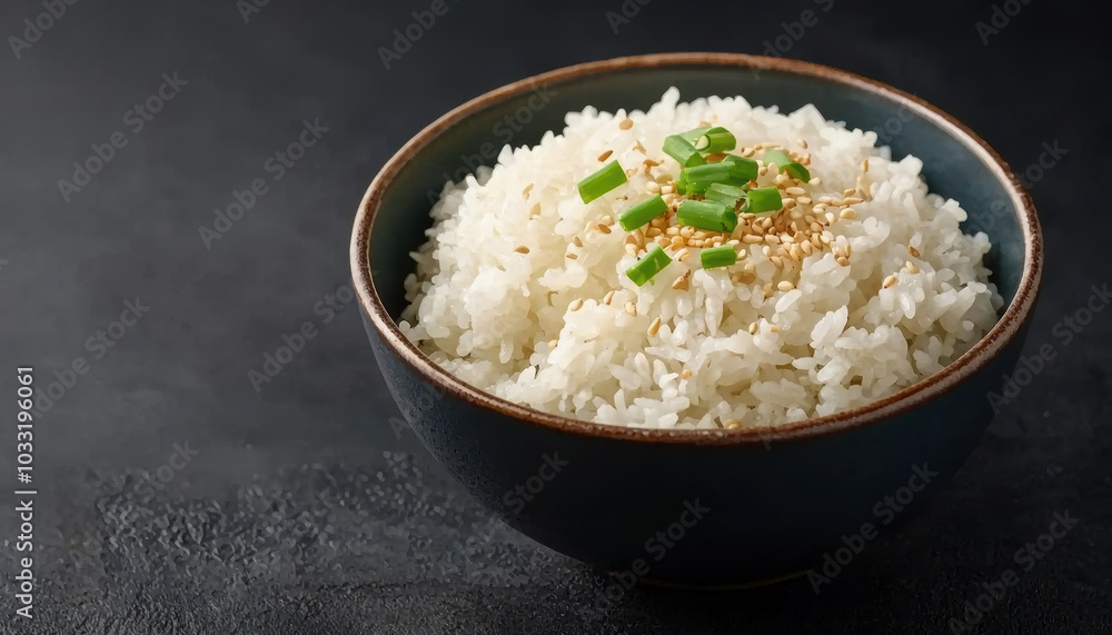 Description: A bowl of fluffy white rice garnished with green onions and sesame seeds, set against a dark background. Description: A bowl of fluffy white rice garnished with green onions and sesame seeds, set against a dark background.
