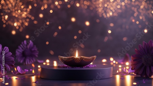 Banner design for diwali festival and podium,Diwali light decoration candle with fireworks,Stage,Product display Showcase design sparkle background,Deepavali,Dipavali,3D podium illustration.