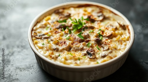 Creamy beef stroganoff with mushrooms and egg noodles served in a deep dish, perfect comfort food. Copy space.