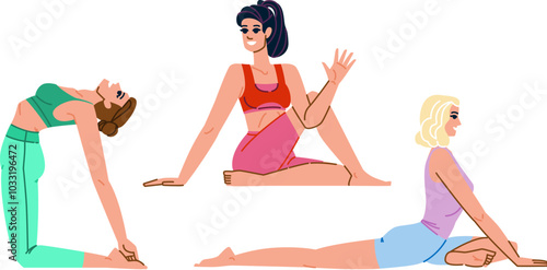 asana yoga exercises vector. vinyasa hatha, pranayama meditation, balance strength asana yoga exercises character. people flat cartoon illustration