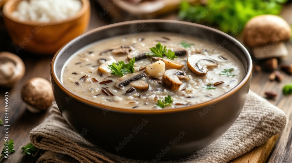 Creamy wild rice and mushroom soup, steaming in a bowl, placed on a rustic wooden table for a cozy meal. Creamy wild rice and mushroom soup, steaming in a bowl, placed on a rustic wooden table for a cozy meal.