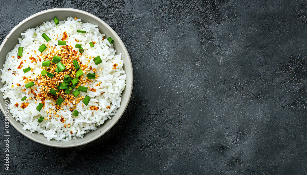A bowl of fluffy white rice topped with green onions and spices, set against a dark background, creating a modern, minimalist presentation. A bowl of fluffy white rice topped with green onions and spices, set against a dark background, creating a modern, minimalist presentation.
