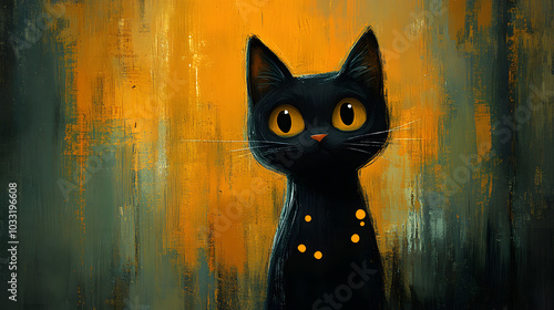 An Adorable Illustration of a Cute Black Cat Sitting Against a Bright Yellow Background. Perfect for Pet Lovers, Illustrations for Children’s Books, and Fun Designs. 