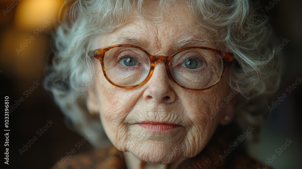 Elderly woman with curly gray hair and glasses gazing thoughtfully at the camera in a cozy indoor setting during late afternoon Elderly woman with curly gray hair and glasses gazing thoughtfully at the camera in a cozy indoor setting during late afternoon