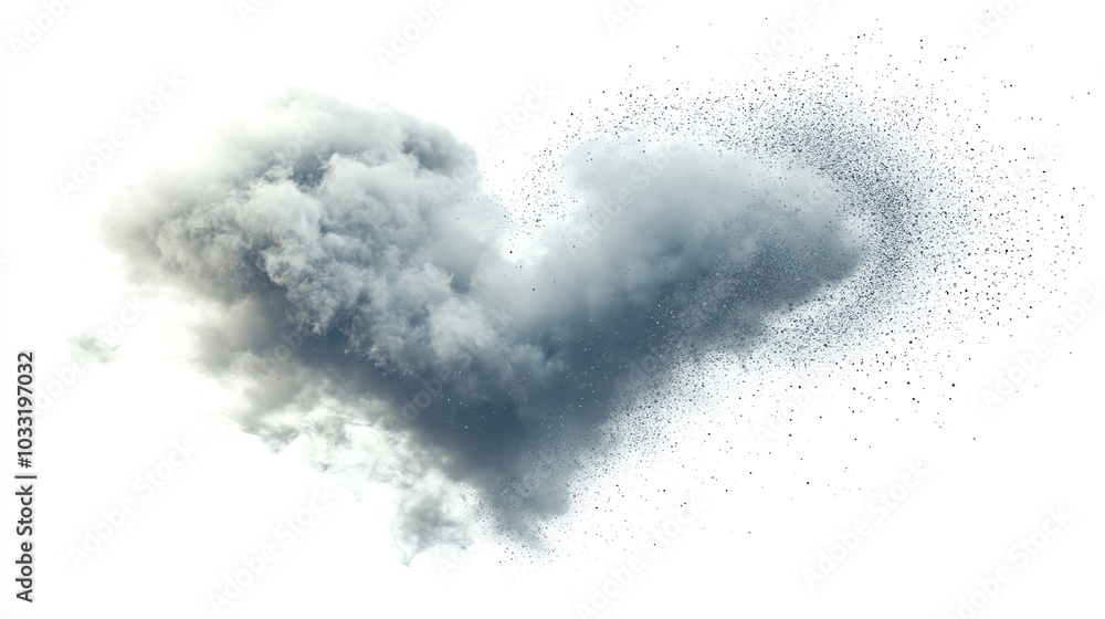 Heart shaped cloud, breaking and dispersing in the wind, white background