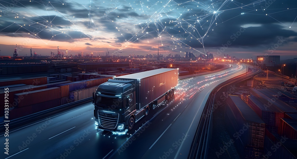 Digital connections and data points with a city in the background, cargo in a port containers at the dockside. Digital connections and data points with a city in the background, cargo in a port containers at the dockside.