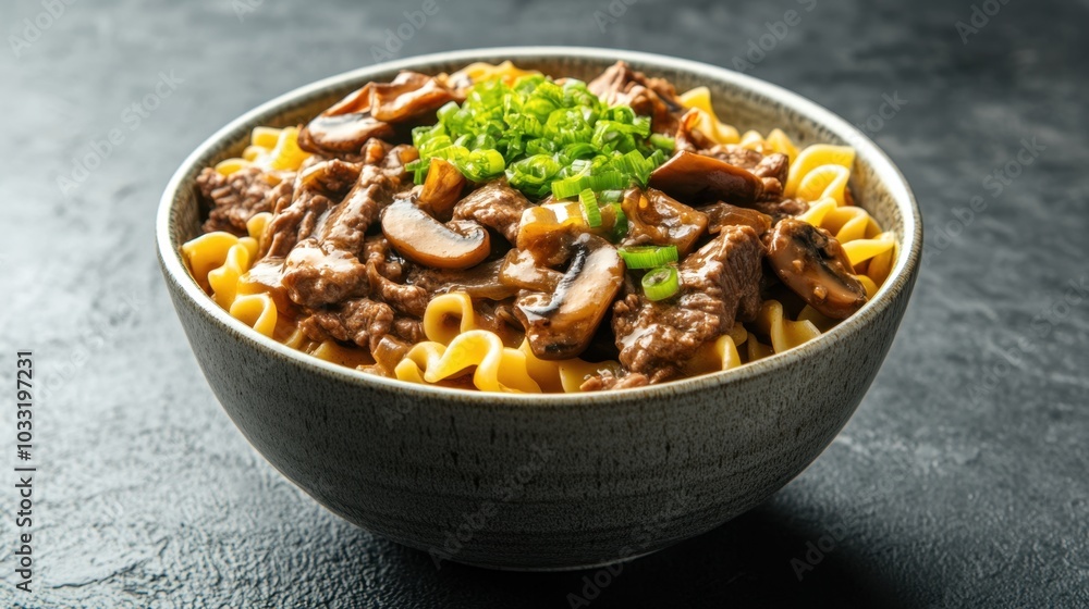 Delicious beef stroganoff with savory mushrooms and egg noodles, served in a bowl. Copy space for food photography. Delicious beef stroganoff with savory mushrooms and egg noodles, served in a bowl. Copy space for food photography.