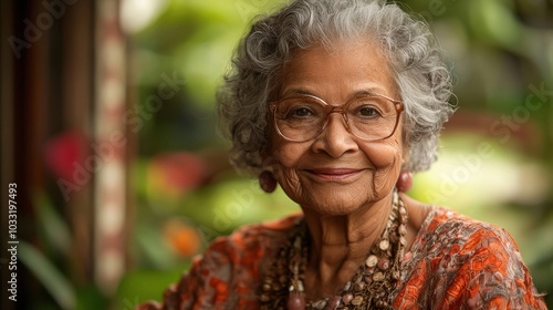 Elderly woman smiling warmly in vibrant attire surrounded by lush greenery at a serene garden during a sunny afternoon