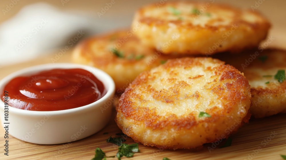 Delicious golden potato patties with a side of ketchup, beautifully arranged on a wooden serving board, perfect for sharing. Delicious golden potato patties with a side of ketchup, beautifully arranged on a wooden serving board, perfect for sharing.