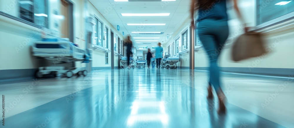 A blurry image of people walking through a hospital hallway. The image is focused on the floor and shows the movement of the people in the background. A blurry image of people walking through a hospital hallway. The image is focused on the floor and shows the movement of the people in the background.