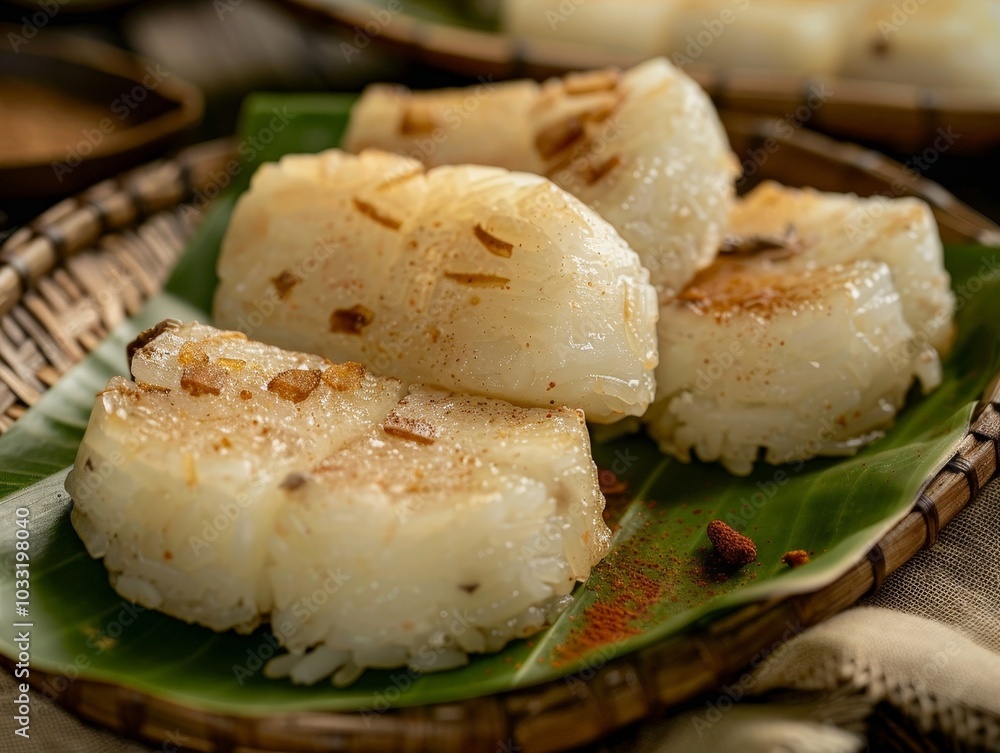 Closeup of Sticky Rice Cakes on a Banana Leaf Closeup of Sticky Rice Cakes on a Banana Leaf