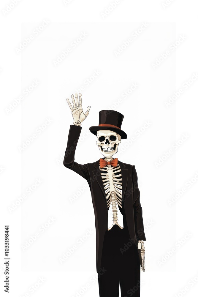 Happy skeleton waving hand costume adult white background. Happy skeleton waving hand costume adult white background.