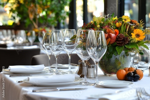 A beautifully set table with white linens, silverware, and wine glasses, centered by a vibrant floral arrangement and fruit.