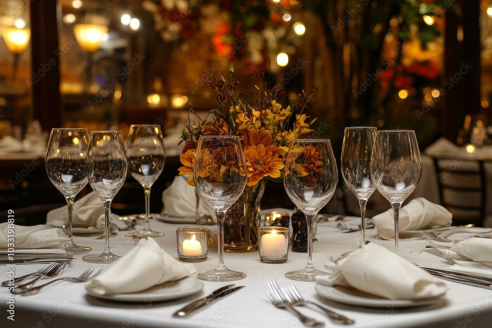 A round table set for a romantic dinner with a centerpiece of orange flowers, candles, and wine glasses. A round table set for a romantic dinner with a centerpiece of orange flowers, candles, and wine glasses.