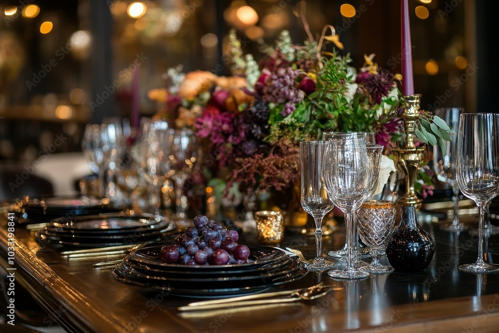 A beautifully set table with black plates, gold silverware, and a large floral centerpiece. A beautifully set table with black plates, gold silverware, and a large floral centerpiece.