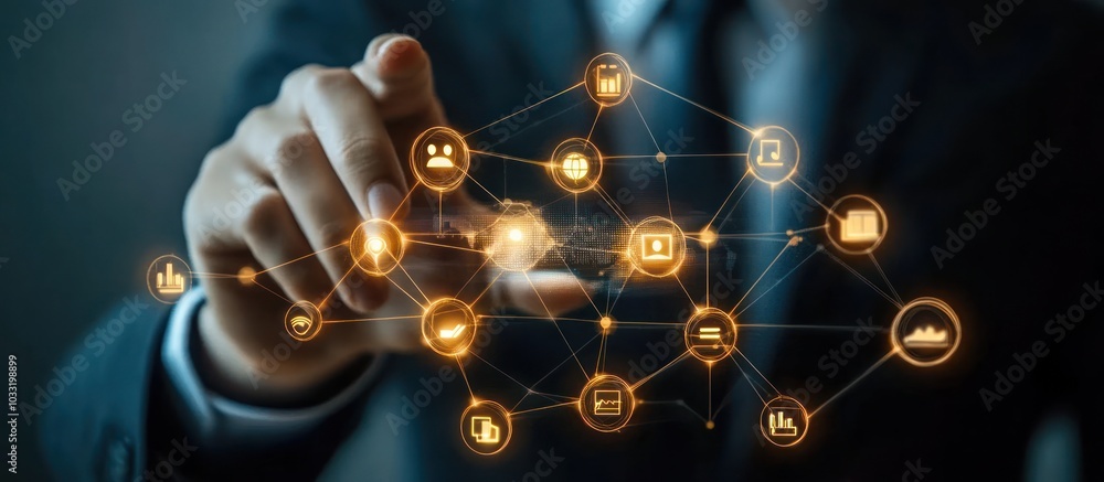 A businessman's hand reaches out to touch a network of interconnected glowing icons, representing digital technology and connectivity. A businessman's hand reaches out to touch a network of interconnected glowing icons, representing digital technology and connectivity.