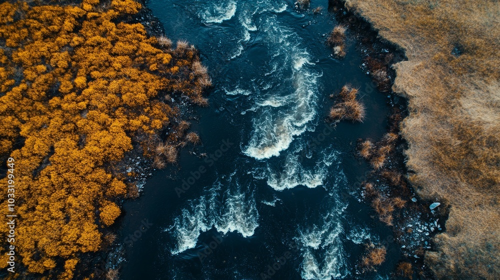 Obraz premium Aerial View of River with Foamy Water and Lush Vegetation