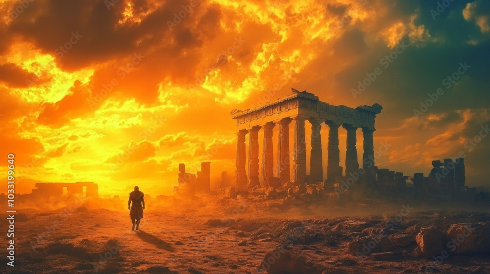 Fototapeta premium Ancient Ruins Silhouette at Sunset with a Lonely Figure Walking Away