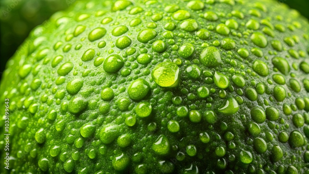 A Close-Up View of Water Droplets Adhering to the Surface of a Fresh Green Fruit A Close-Up View of Water Droplets Adhering to the Surface of a Fresh Green Fruit