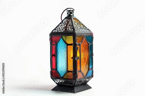 Traditional Moroccan Lantern with Colorful Glass Panels Isolated On White Background photo