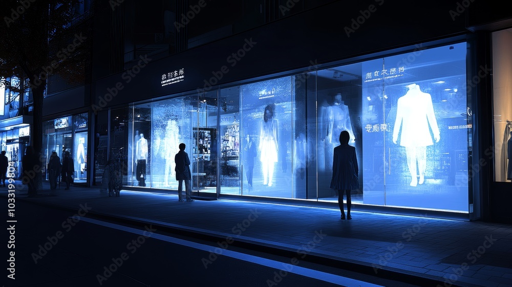 Futuristic Retail Storefront with Holographic Displays and Nighttime Ambiance Futuristic Retail Storefront with Holographic Displays and Nighttime Ambiance