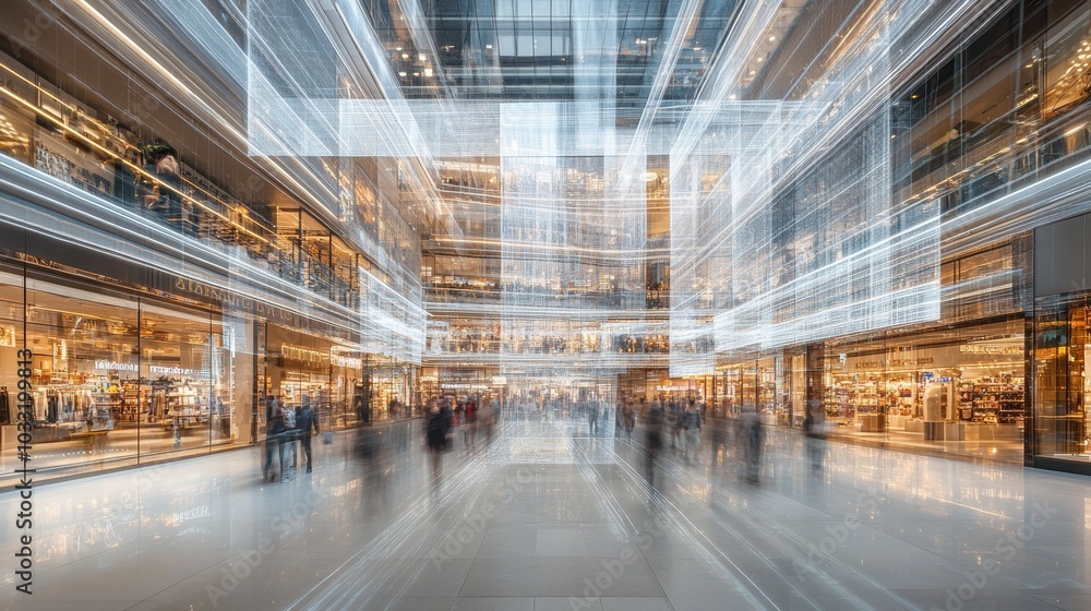 Modern Shopping Mall Interior with Abstract Light Trails and Blurred People Modern Shopping Mall Interior with Abstract Light Trails and Blurred People