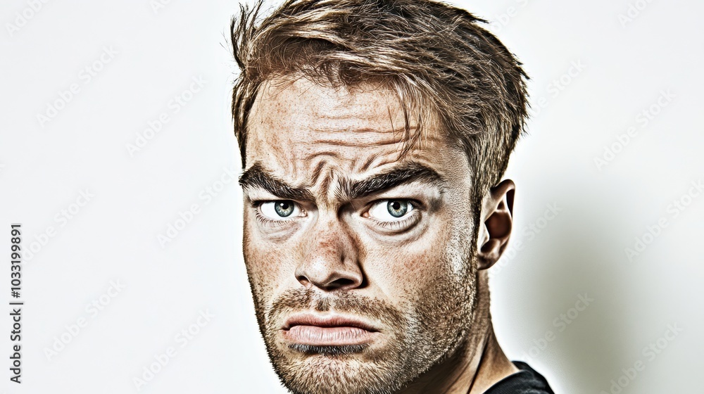 Close-up of a young man with furrowed brows and a puzzled, intense expression. High-contrast lighting emphasizes facial texture and detail. Close-up of a young man with furrowed brows and a puzzled, intense expression. High-contrast lighting emphasizes facial texture and detail.