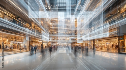 Modern Shopping Mall Interior with Abstract Light Trails and Blurred People