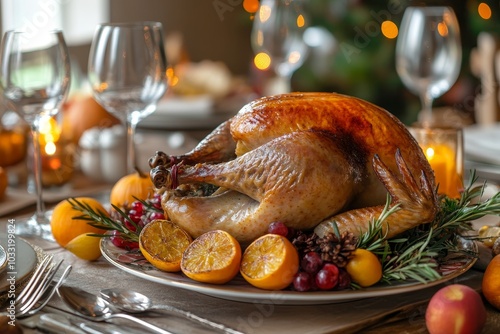 A roasted turkey on a platter with citrus fruits, cranberries, and rosemary sprigs. It's on a wooden table set with wine glasses, candles, and cutlery for a festive meal. photo