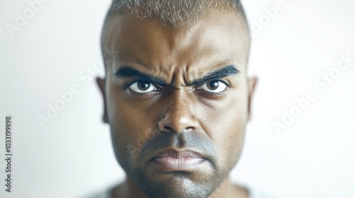 Close-up portrait of a bald man with furrowed brows, staring intensely with a serious and angry expression.