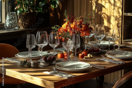 A beautifully set table with fall decor, including a floral centerpiece, fruit, and wine glasses.